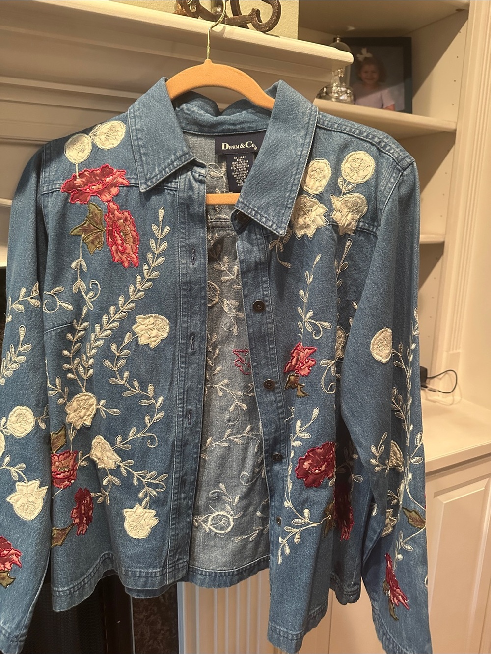 Denim&Co Blue Denim Jacket with Cream and Red Floral Embroidery